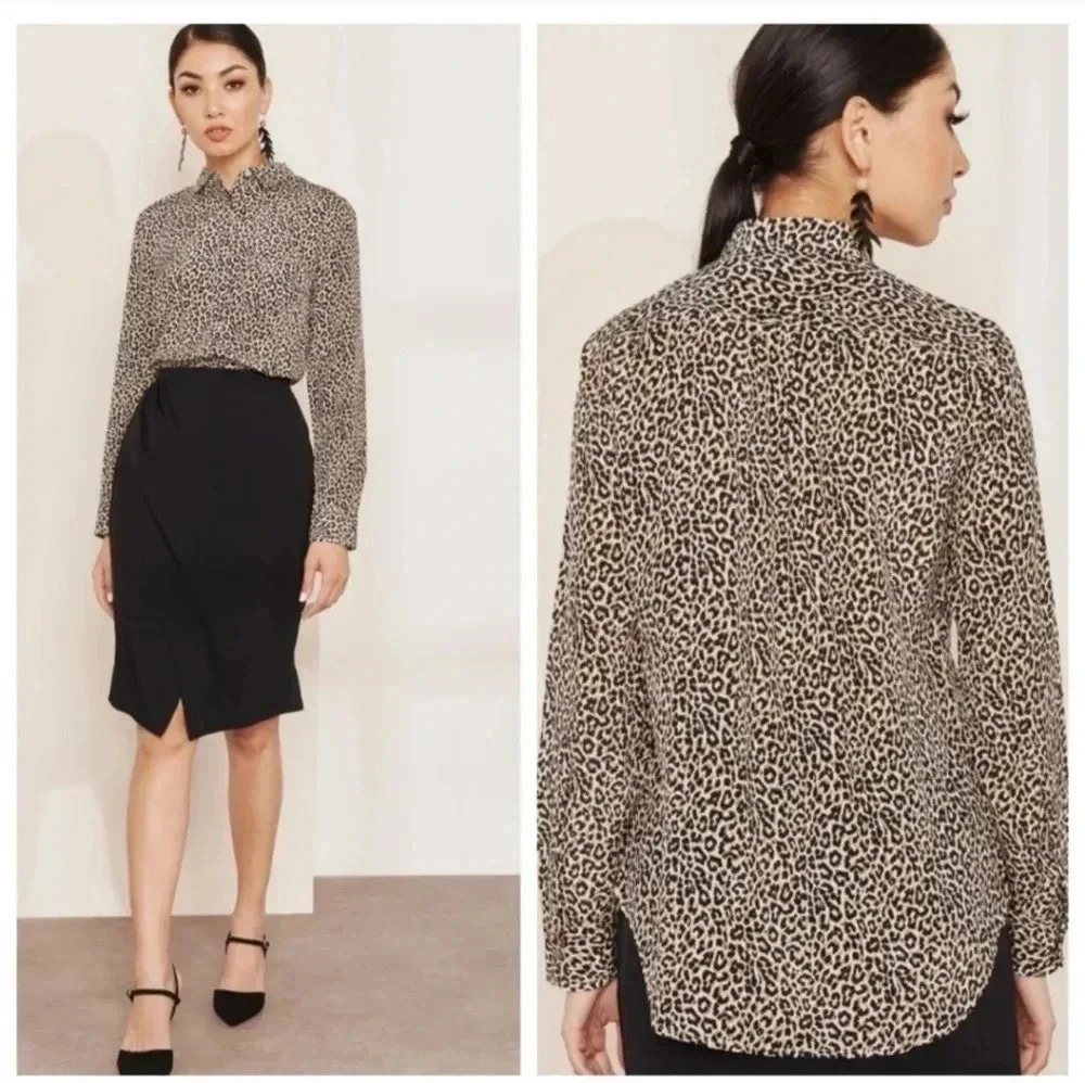 J.Crew 100% Silk Leopard Print Button Down Oversized Blouse(00)